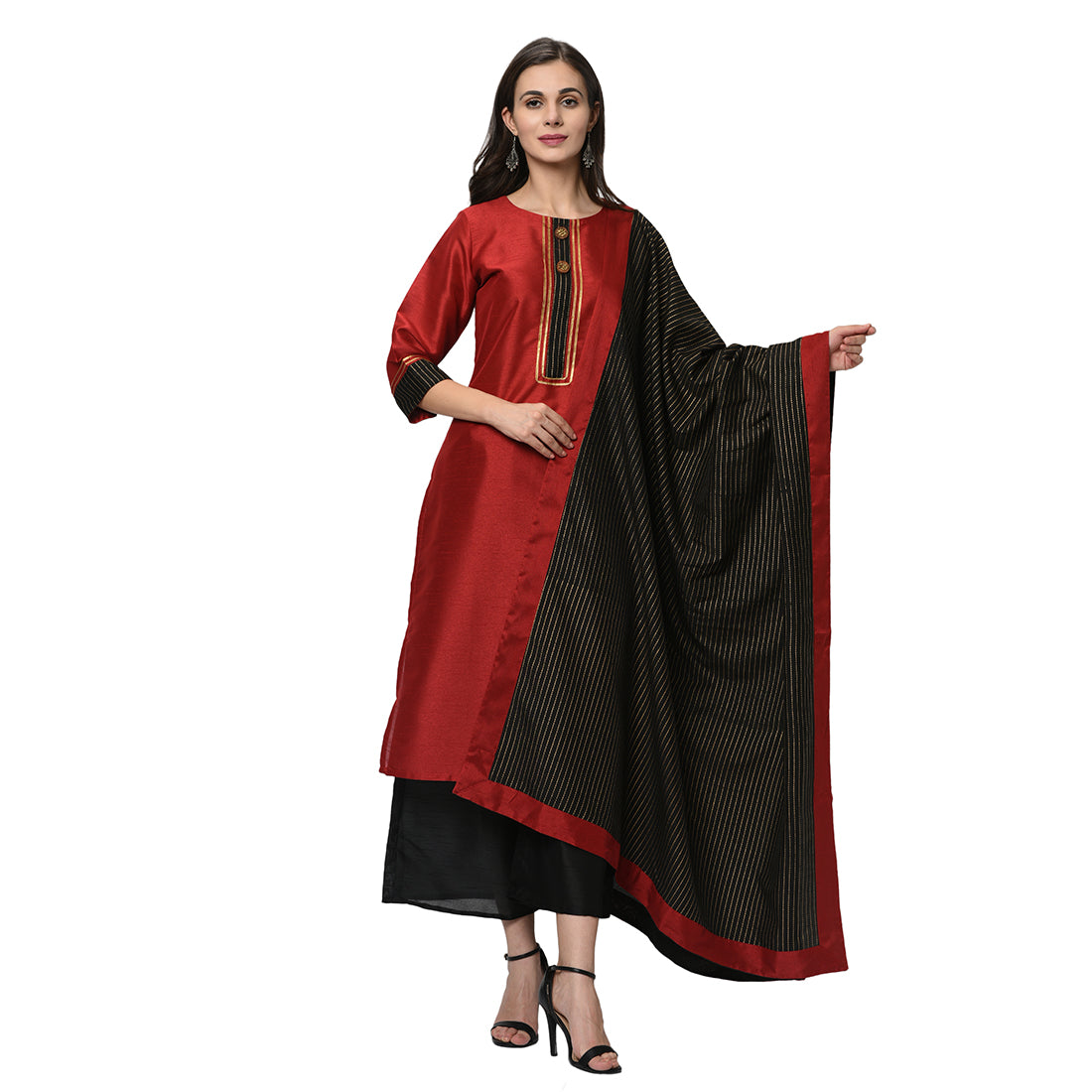 Women Red Silk Kurta with Palazzo and Dupatta Set by Ziyaa (3  Pc Set)