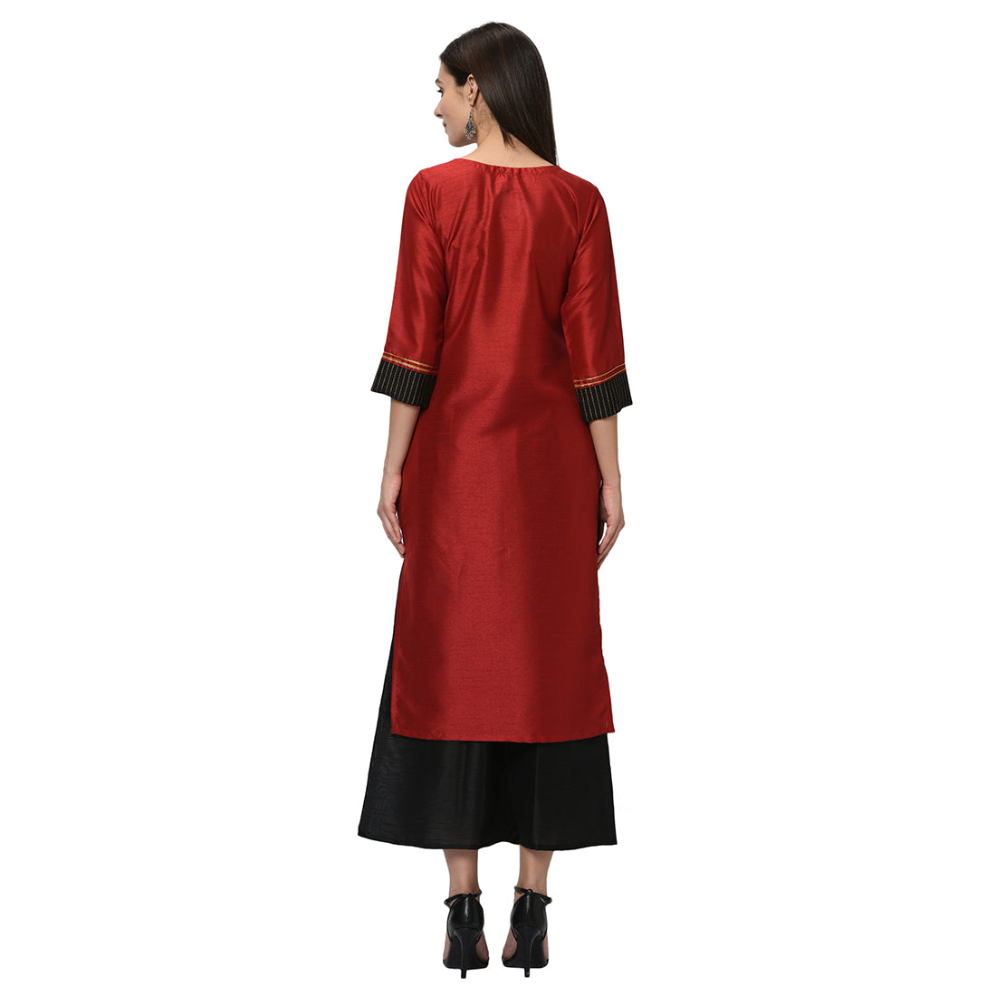 Women Red Silk Kurta with Palazzo and Dupatta Set by Ziyaa (3  Pc Set)