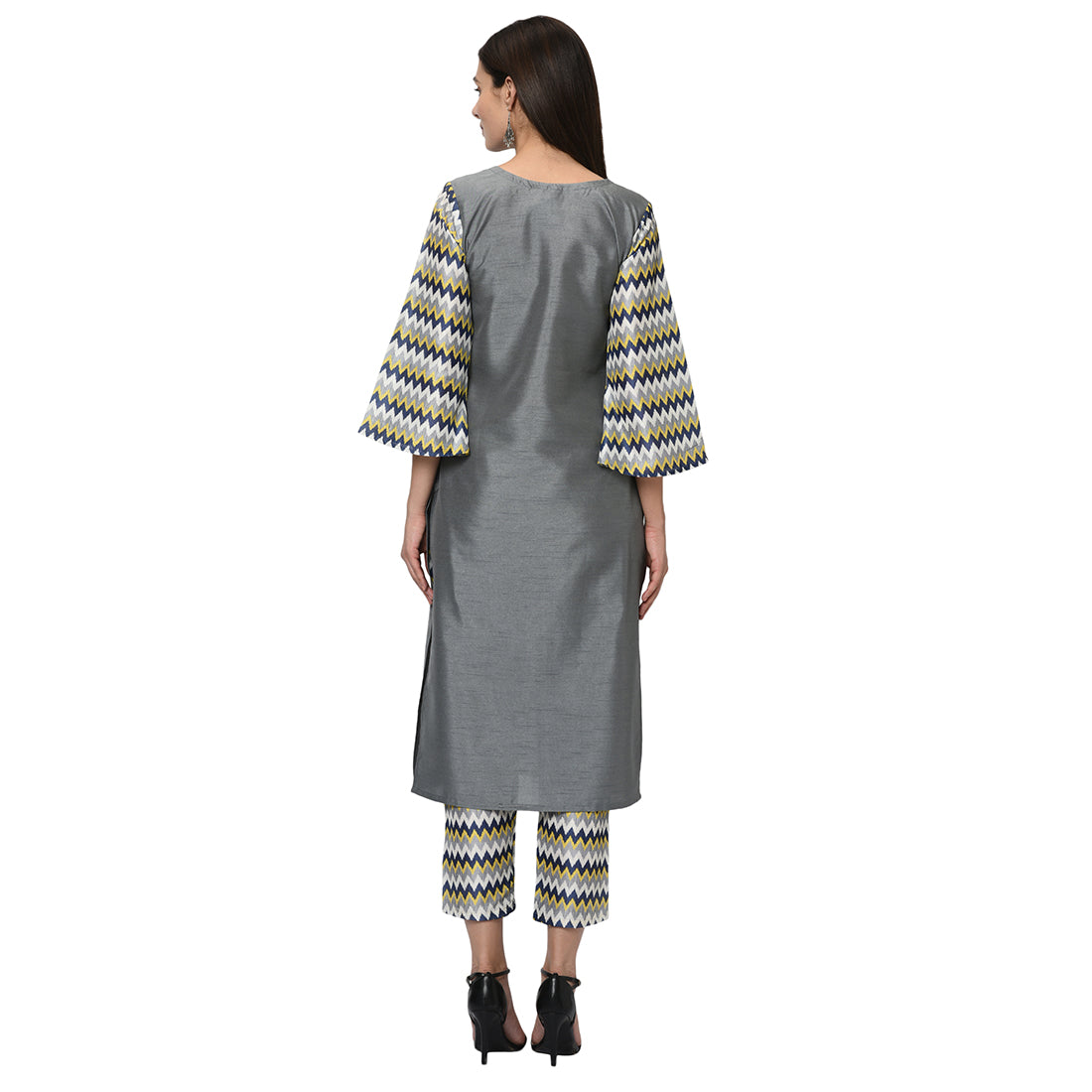 Women's Grey Poly Silk Kurta Pant And Dupatta Set - Ziyaa