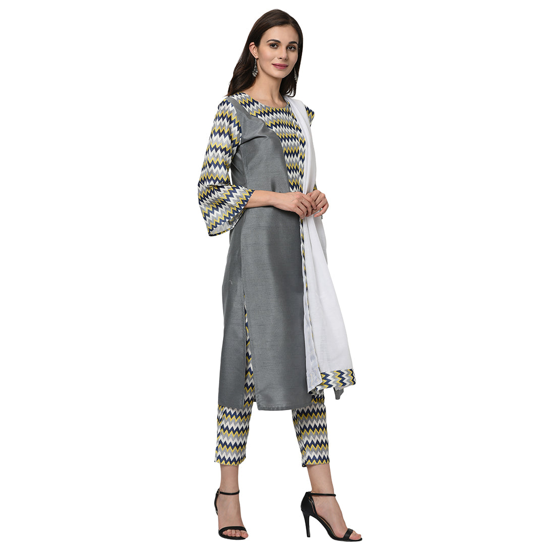 Women's Grey Poly Silk Kurta Pant And Dupatta Set - Ziyaa