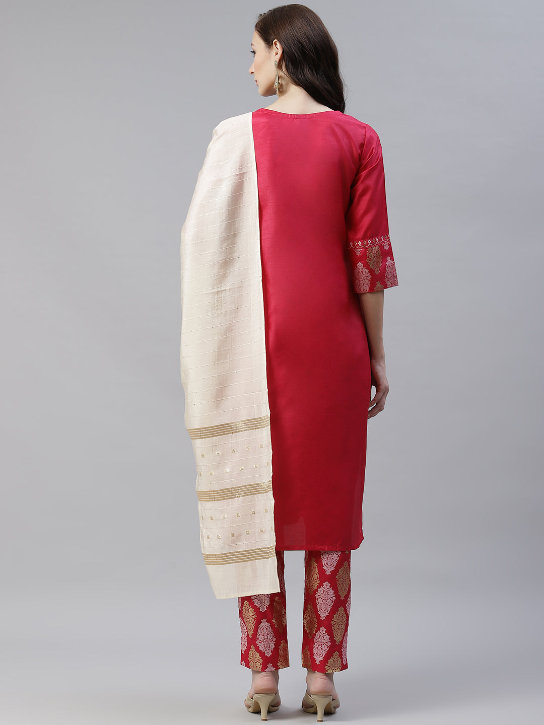 Women Pink Silk Kurta With Pant & Dupatta by Ziyaa (3pcs Set)