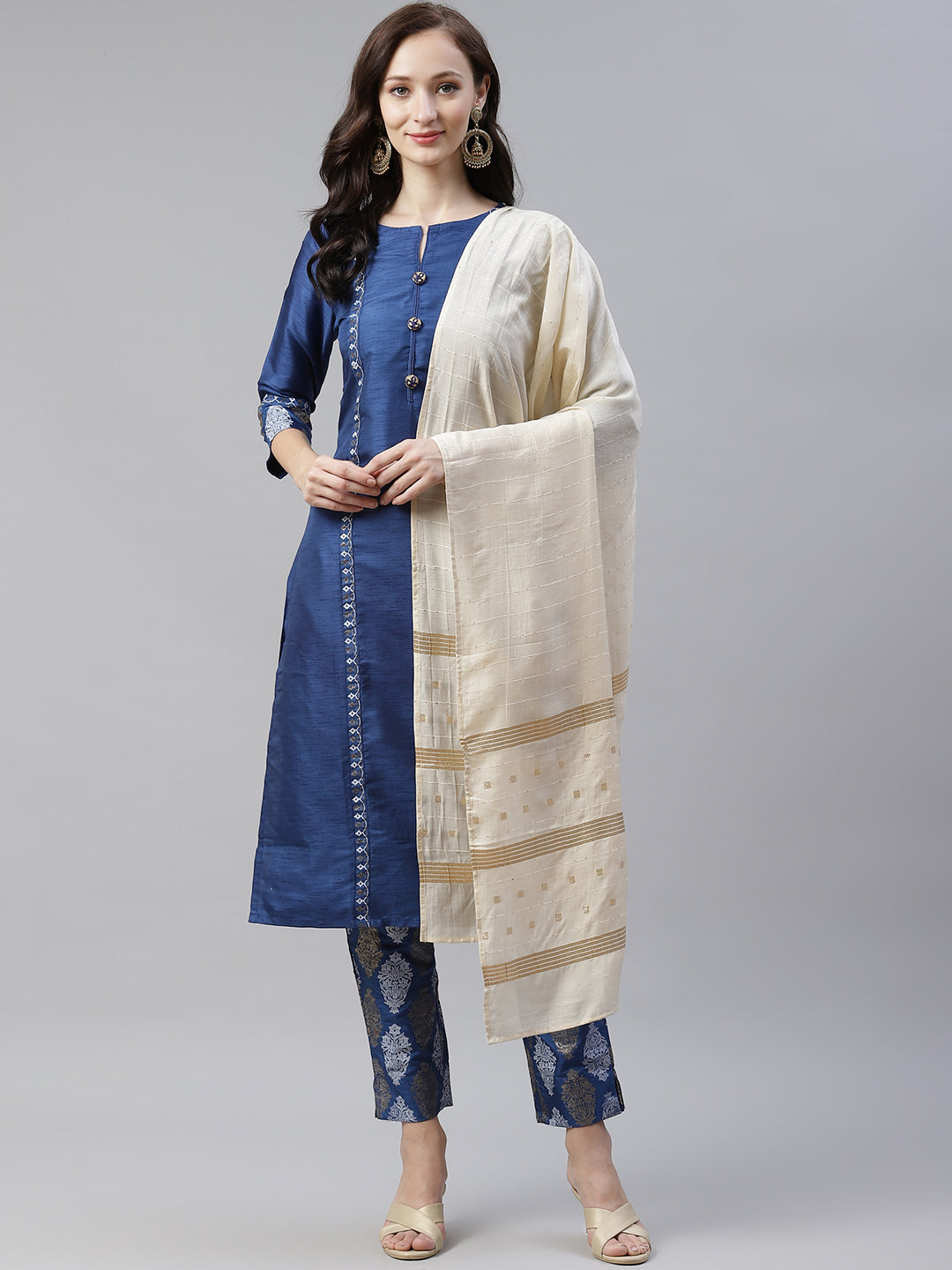 Women's Blue Color Dyed Straight Kurta, Pant And Dupatta Set by Ziyaa (3pc Set)