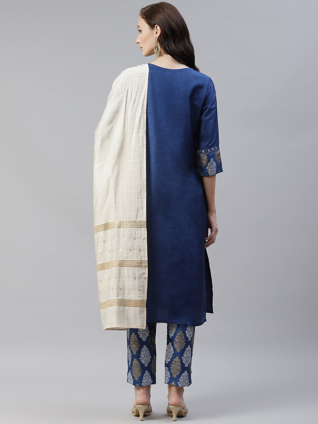 Women's Blue Color Dyed Straight Kurta, Pant And Dupatta Set by Ziyaa (3pc Set)