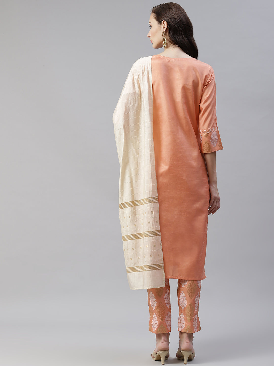 Women Peach Silk Kurta With Pant And Dupatta by Ziyaa (3pcs Set)