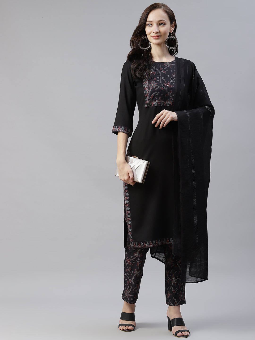 Women's Black Color Dyed Straight Kurta,Pant And Dupatta Set - Ziyaa