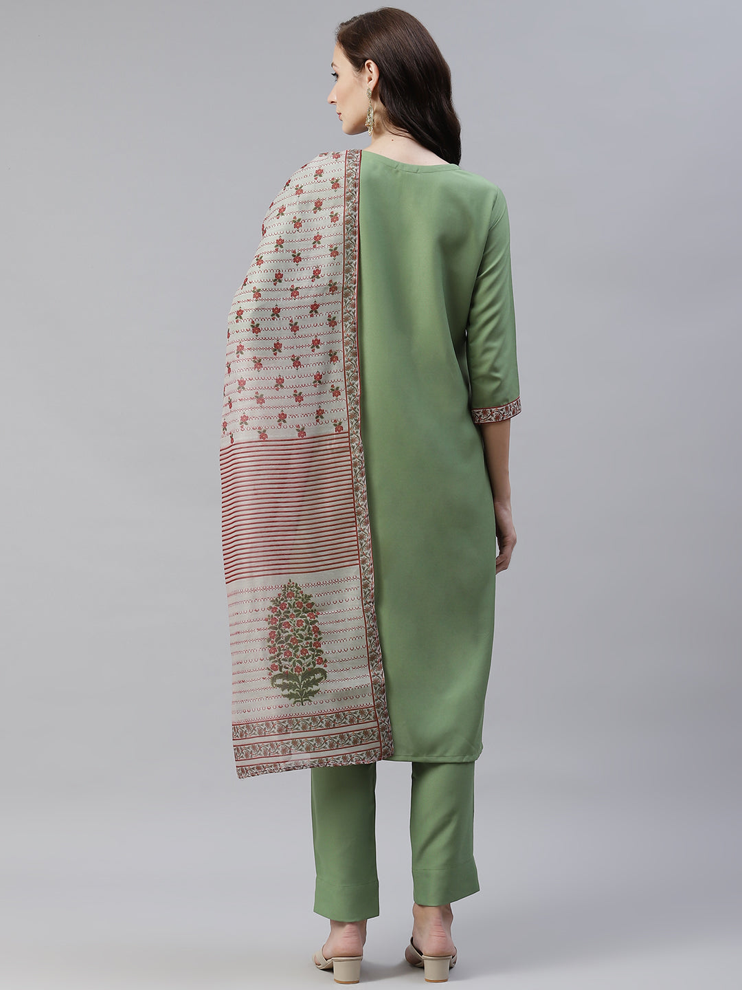Women Green Printed Kurta with Pant and Dupatta Set by Ziyaa (3 Pc Set)