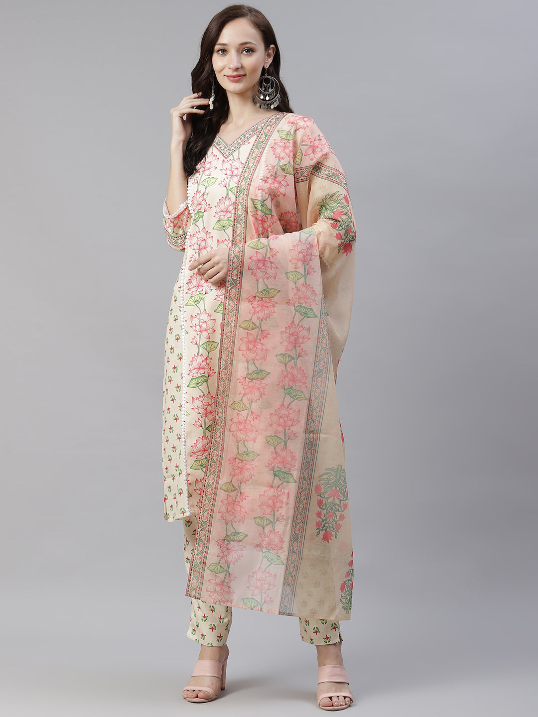 Women Cream Floral Printed Kurta with Pant and Dupatta Set by Ziyaa (3 Pc Set)
