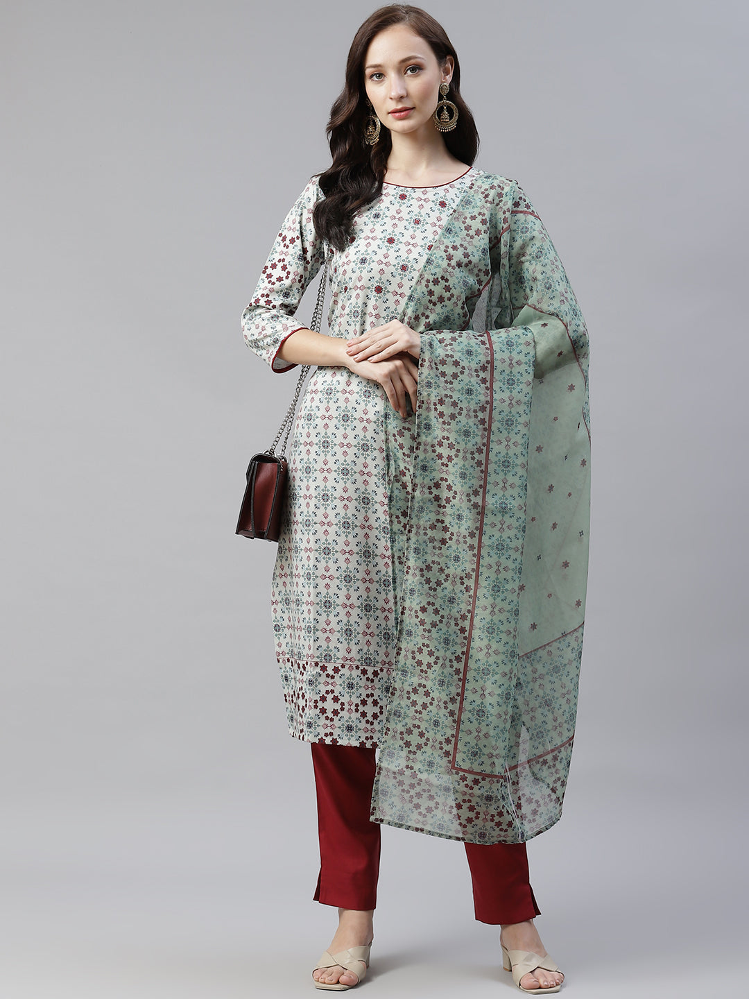 Women's Light Green Color Digital Printed Straight Kurta,Pant And Dupatta Set by Ziyaa (3pc Set)