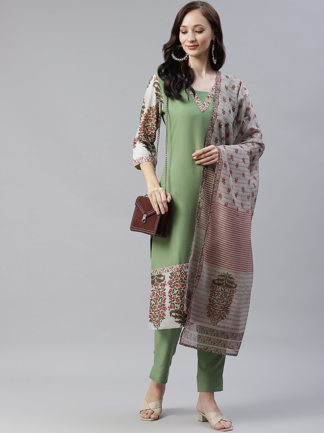 Women's Green Kurta-Pant And Dupatta Set by Ziyaa- (3pcs set)