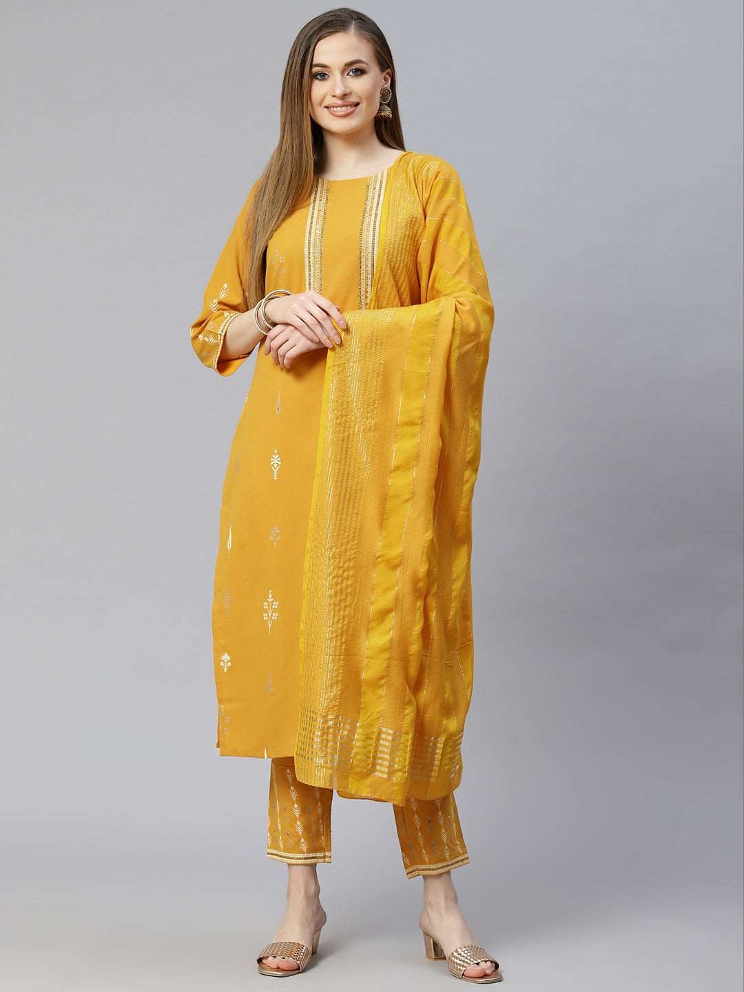 Women's Mustard Yellow Rayon Kurta With Pant And Dupatta Set by Ziyaa (3pcs Set)