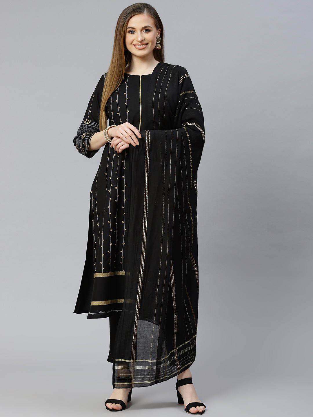 Women's Black Rayon Kurta, Pant And Dupatta Set by Ziyaa (3pc Set)