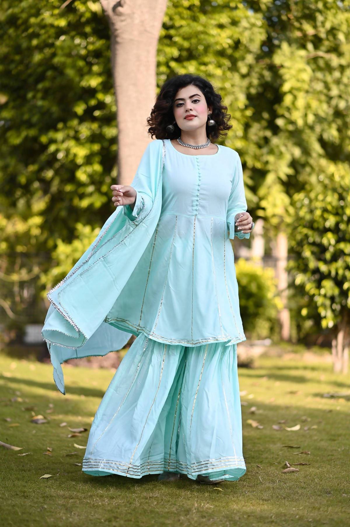 Women's Turquoise Blue 100% Cotton Kurta Sharara Dupatta Set - Cheera
