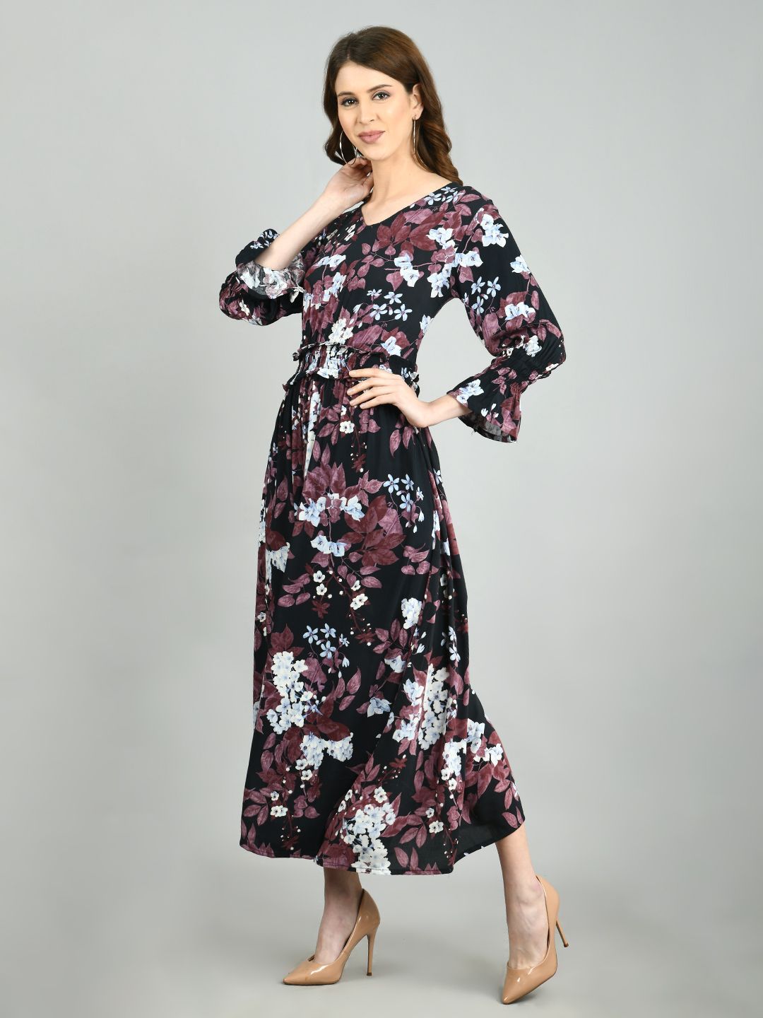 Women's Multi Rayon Printed Full Sleeve V Neck Casual Dress - Myshka