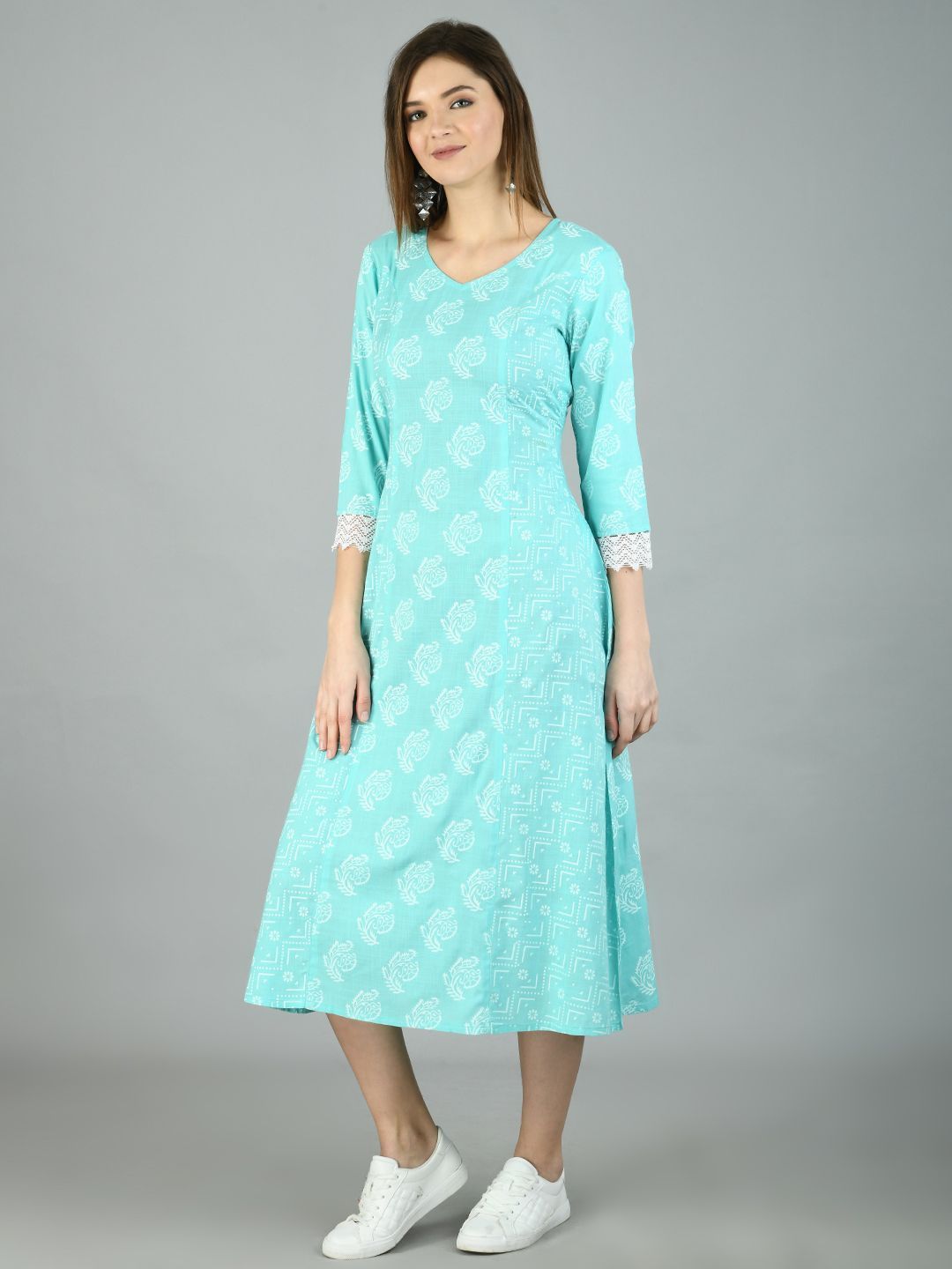 Women's Sky Blue Cotton Printed Full Sleeve V Neck Casual Dress - Myshka