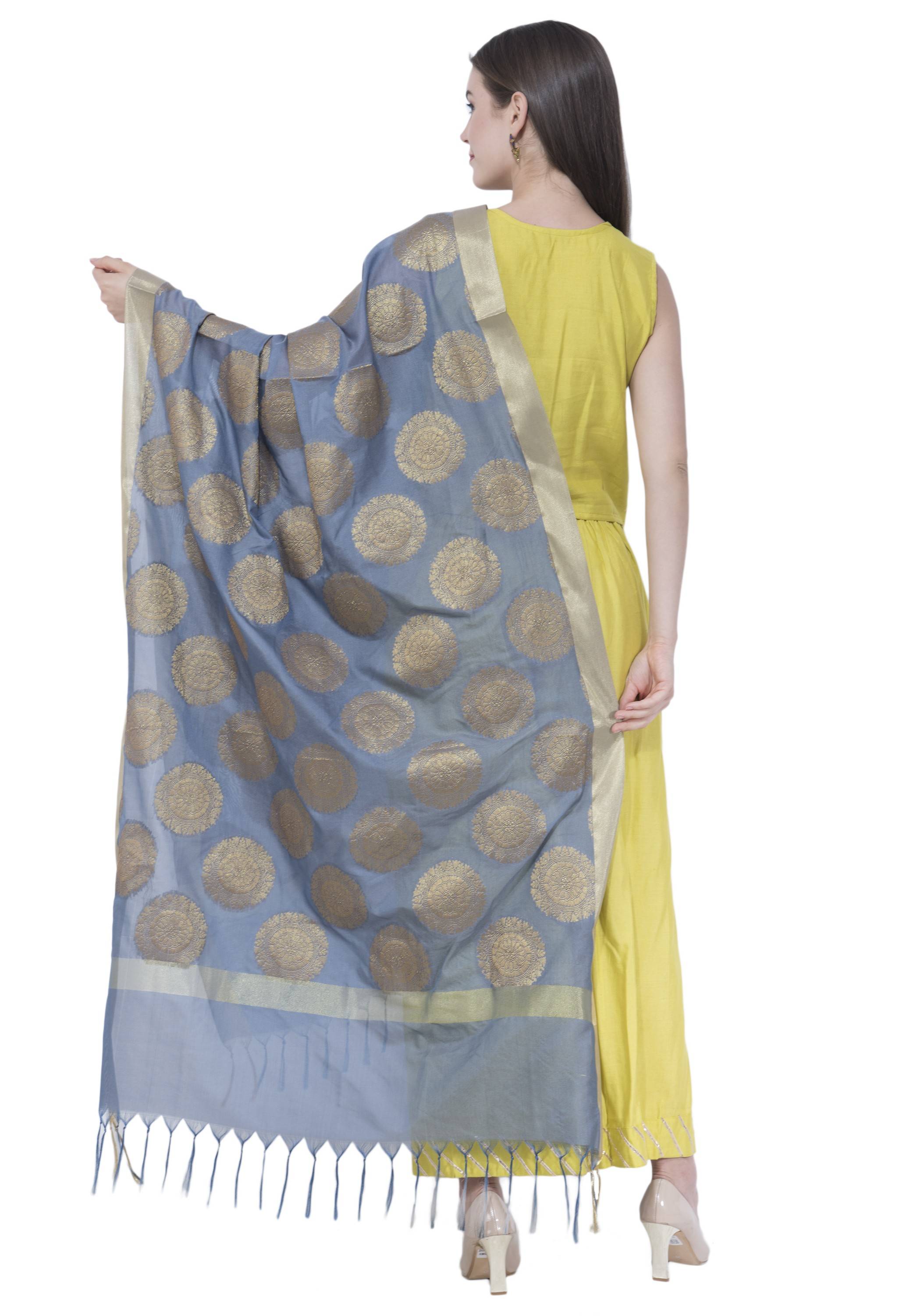 A R Silk Women's Zari Embroidery Vanarsi Silk Gray Dupattas and Chunnis