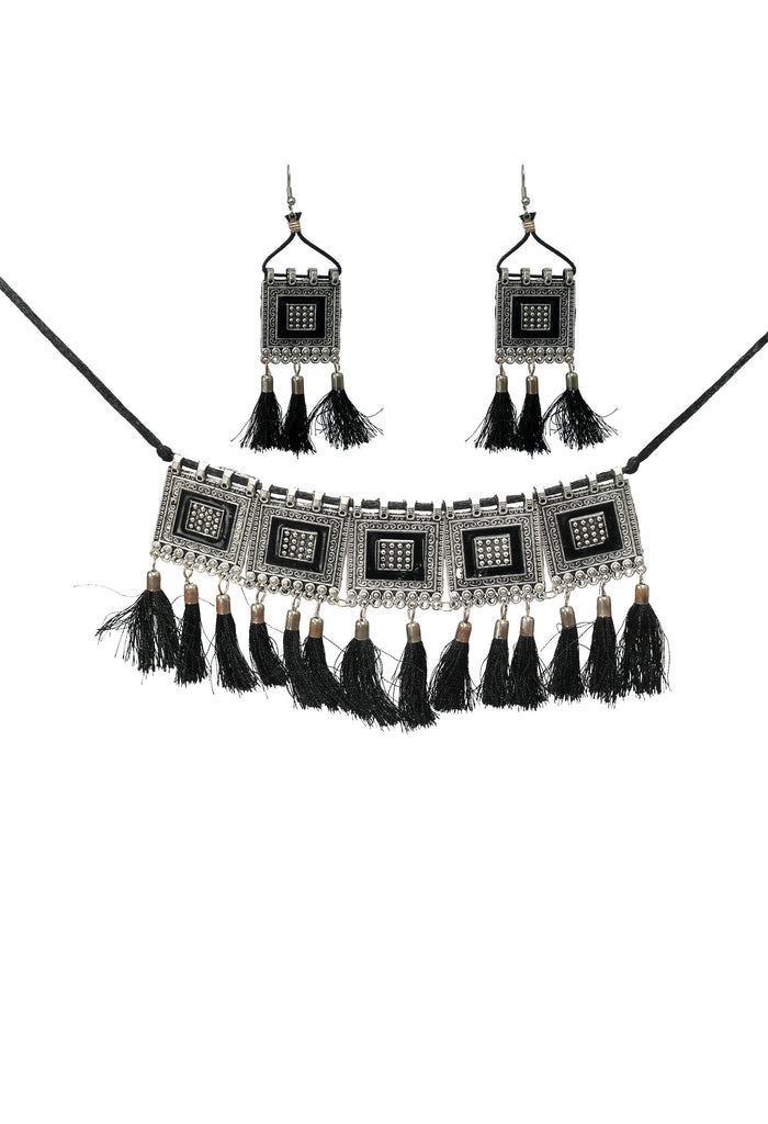 Kamal Johar Choker Necklace Set silver color base with Black yarn d