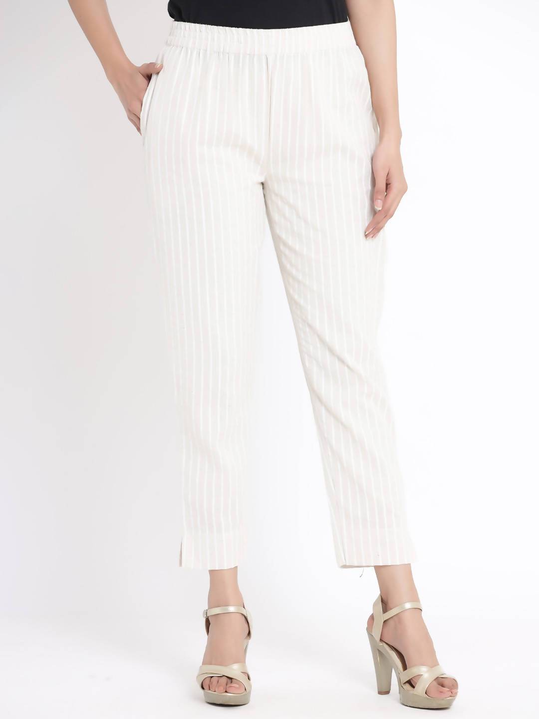 Buy_Women's_Natural_Cotton_Flex_Striped_Straight_Pant_With_Scrunchie_Online_Trendia