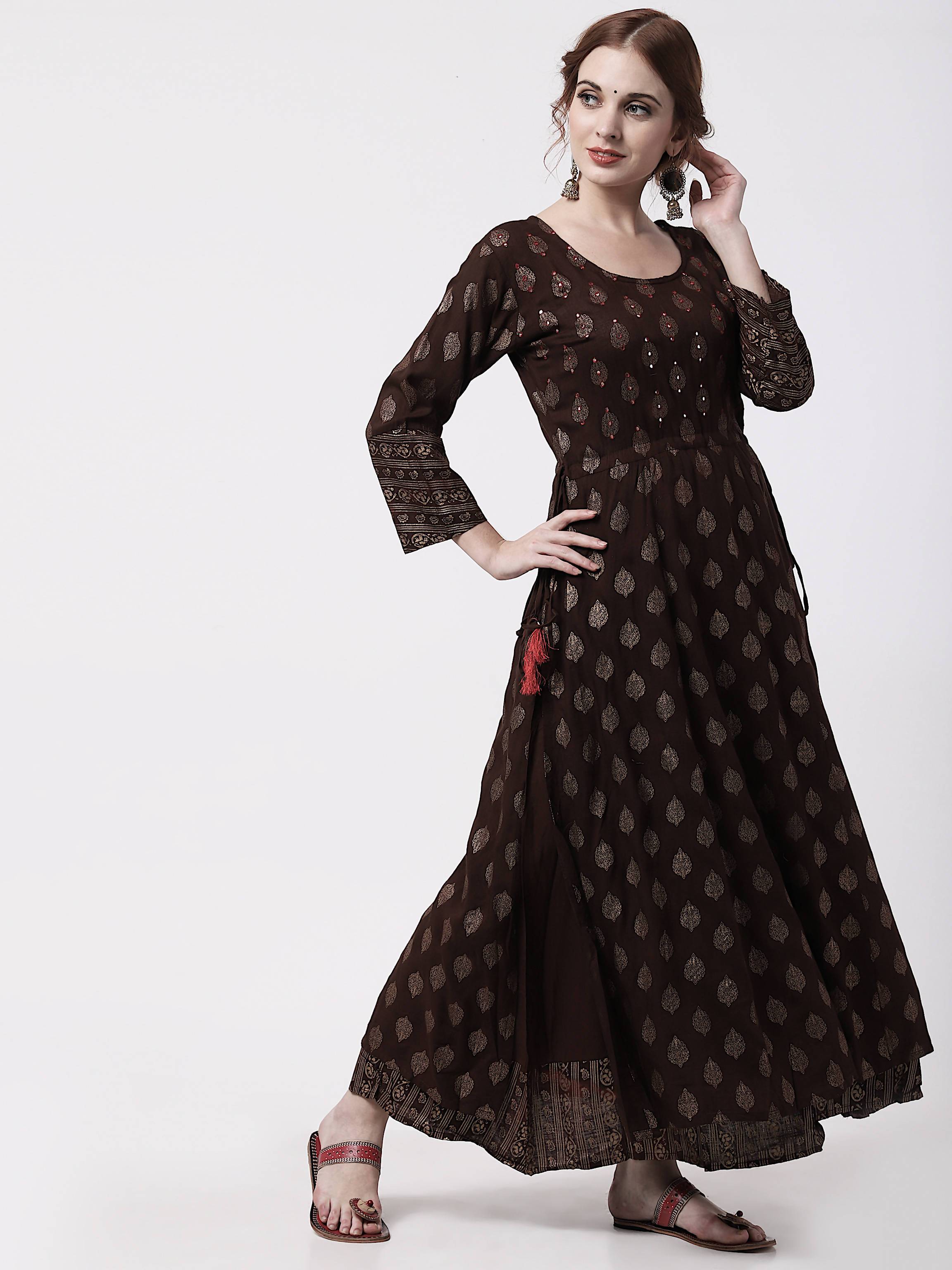Women's Rayon Chocolate Brown Double Layer Anarkali Kurta Dress - Cheera