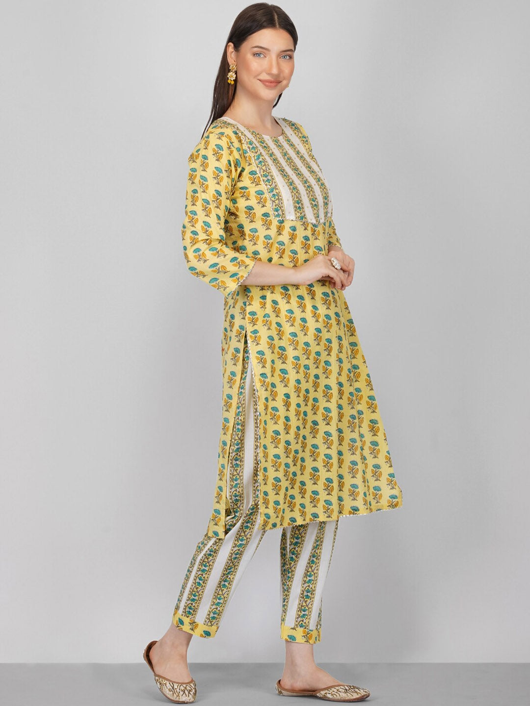 Women's Yellow Ethnic Motifs Printed Pure Cotton Kurta With Trousers & Dupatta - Noz2Toz