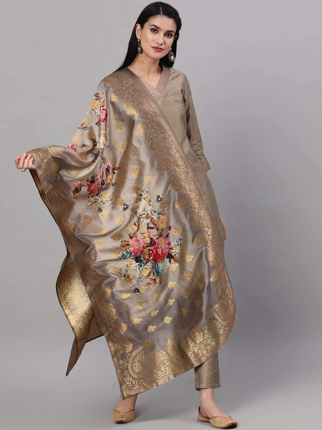 Women's  Taupe Solid Kurta with Trousers & Dupatta - AKS