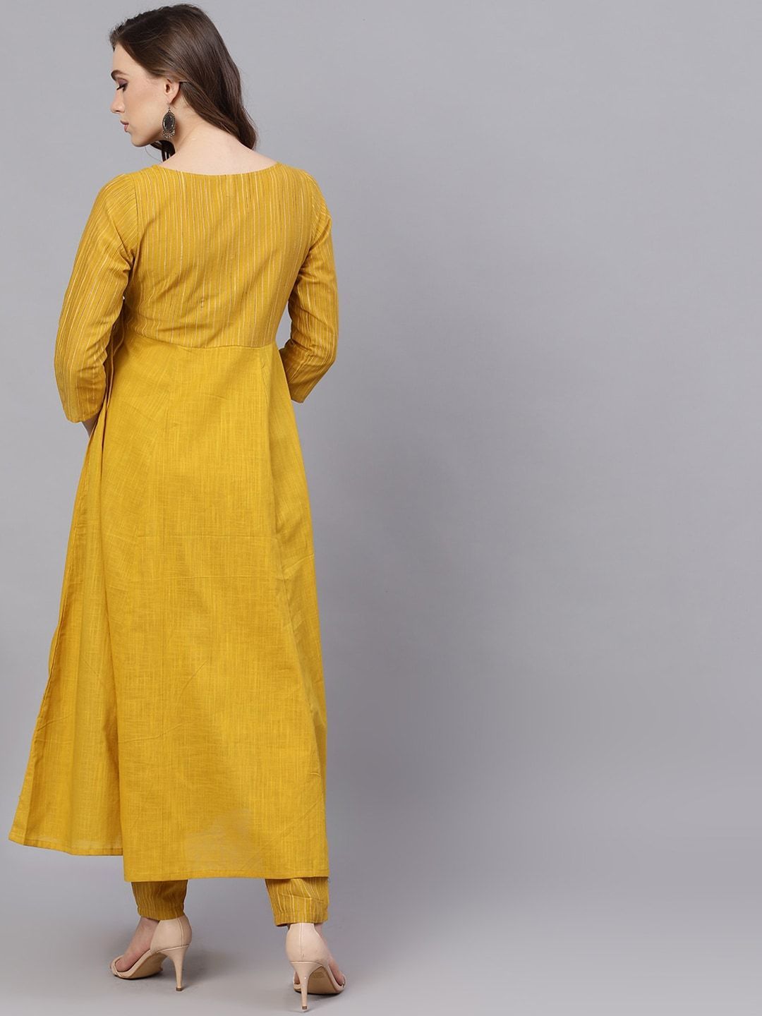 Women's  Mustard Yellow Striped Anarkali Kurta - AKS