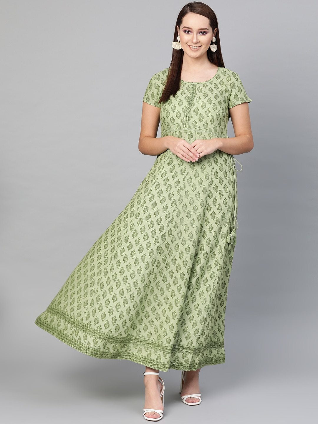Women's  Green Printed Fit and Flare Dress - AKS