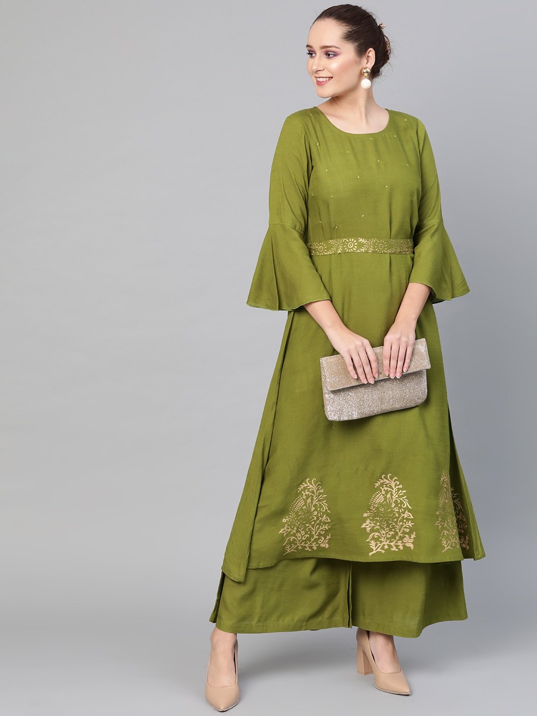 Women's  Green & Golden Printed Detail Kurta with Palazzos - AKS