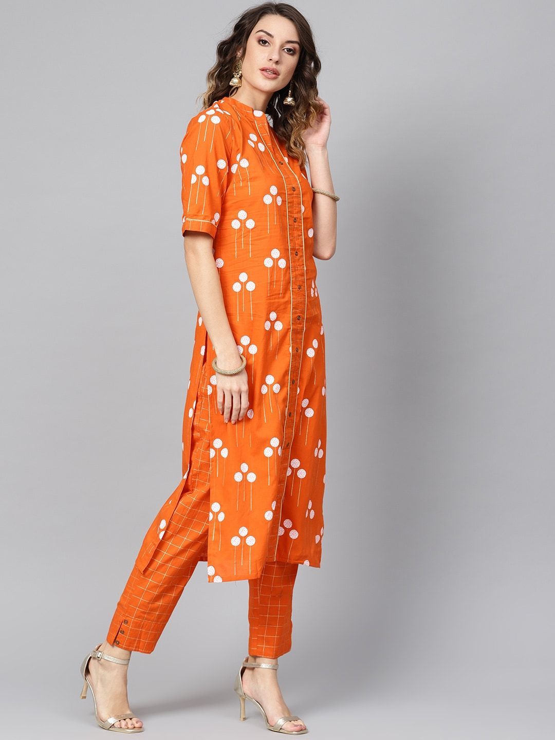 Women's  Orange & White Block Printed Kurta with Trousers & Dupatta - AKS