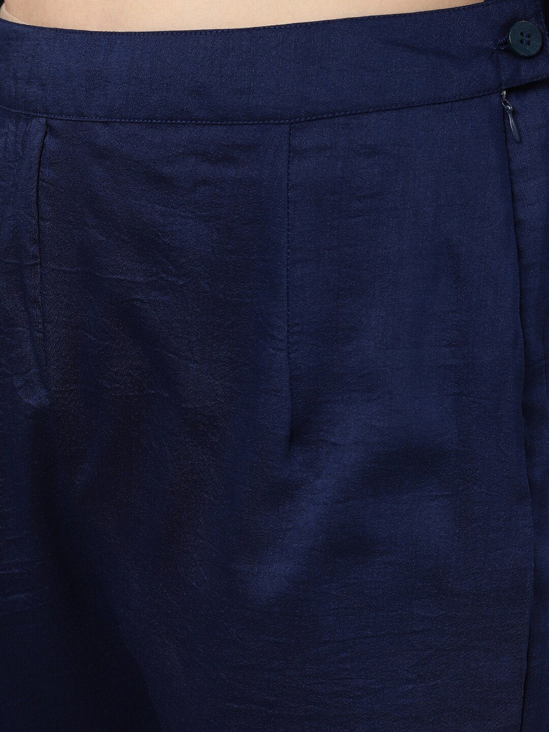 Women's  Navy Blue & Mauve Solid Kurta with Trousers & Dupatta - AKS