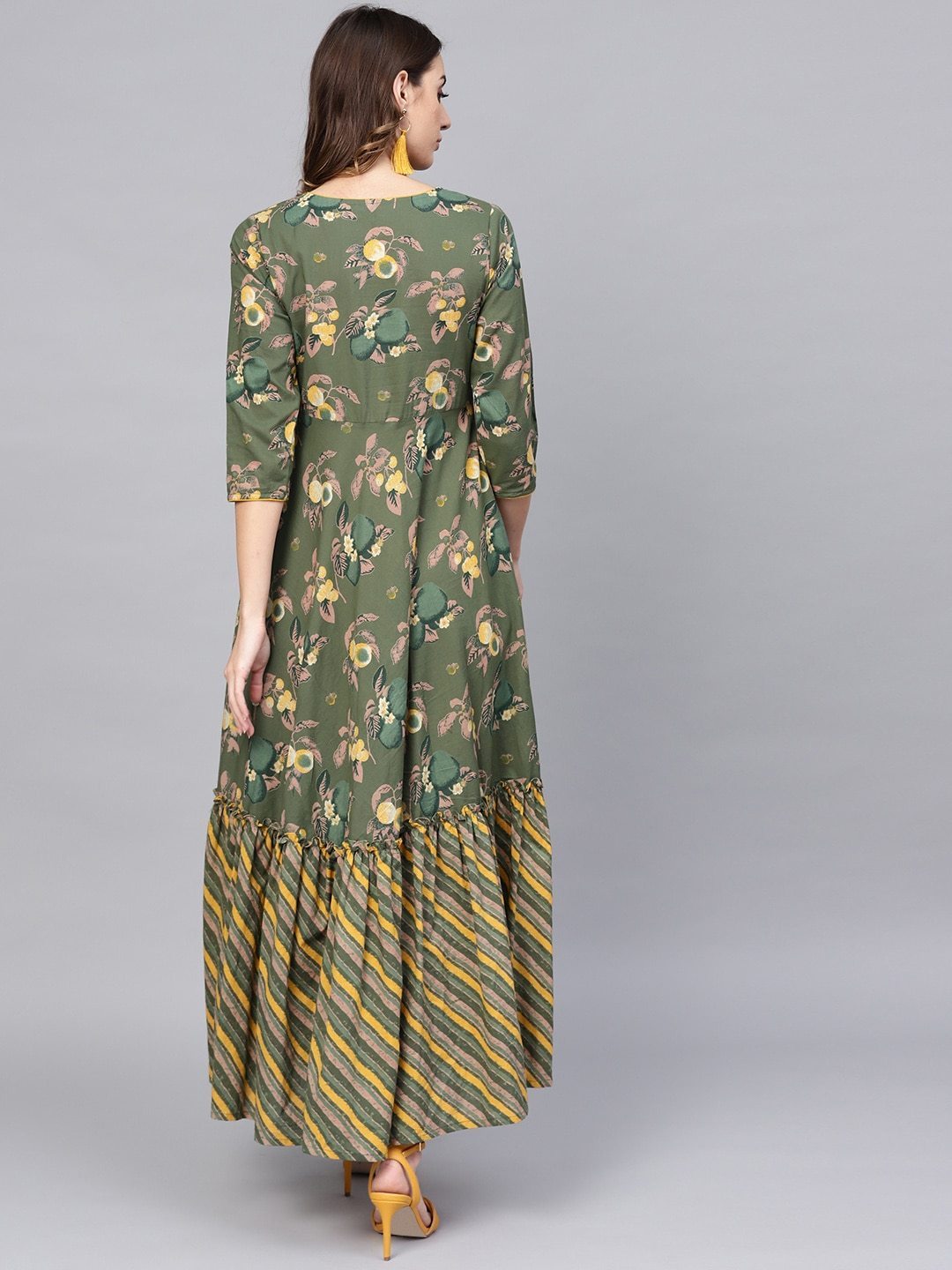 Women's  Green & Yellow Floral Printed Maxi Dress - AKS