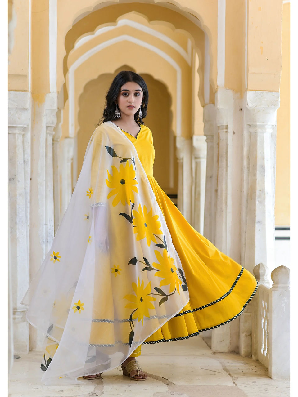 Women's Dandelion Yellow Gotawork Anarkali With Handpainted Dupatta - Hatheli