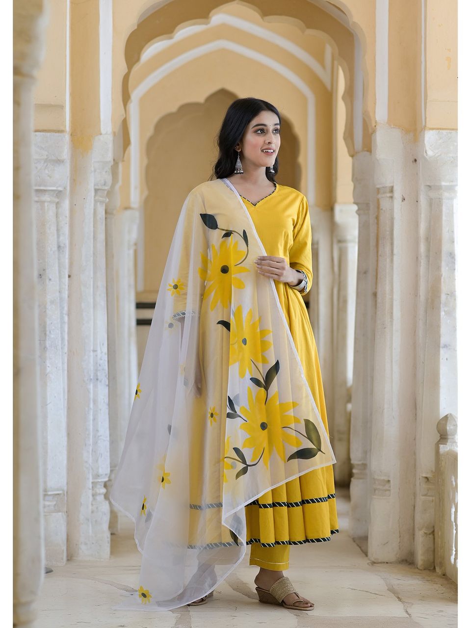 Women's Dandelion Yellow Gotawork Anarkali With Handpainted Dupatta - Hatheli