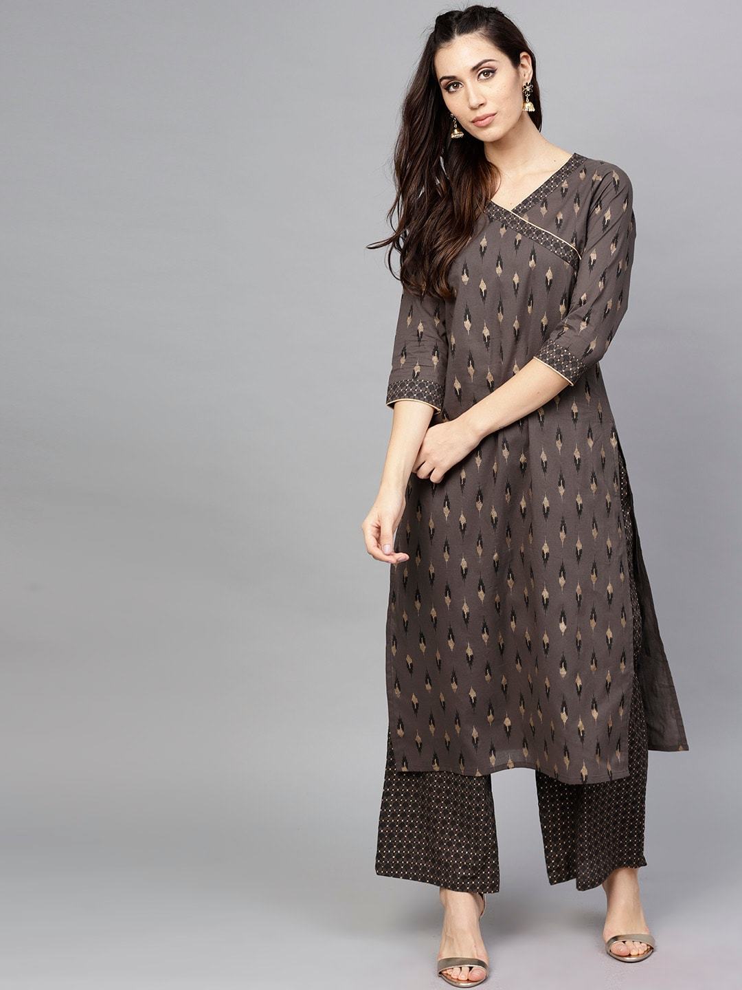 Women's  Charcoal & Gold-Toned Printed Kurta with Trousers - AKS