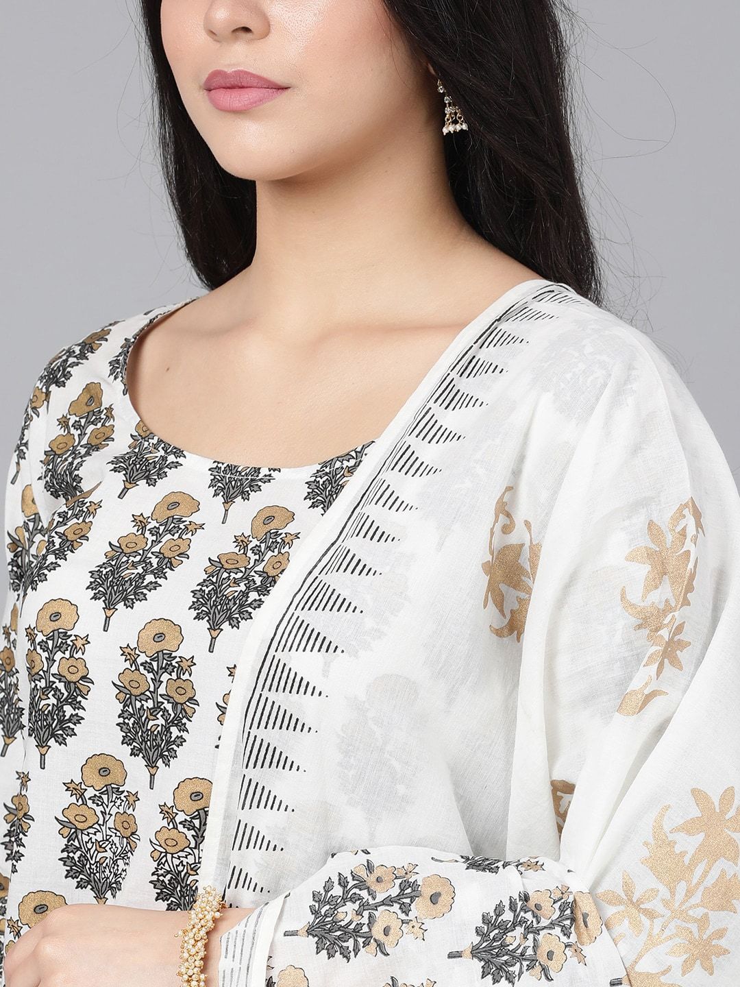 Women's  White & Gold-Toned Embroidered Kurta with Sharara & Dupatta - AKS
