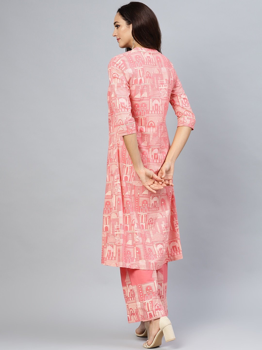 Women's  Pink & Off-White Khari Print Layered A-Line Kurta - AKS