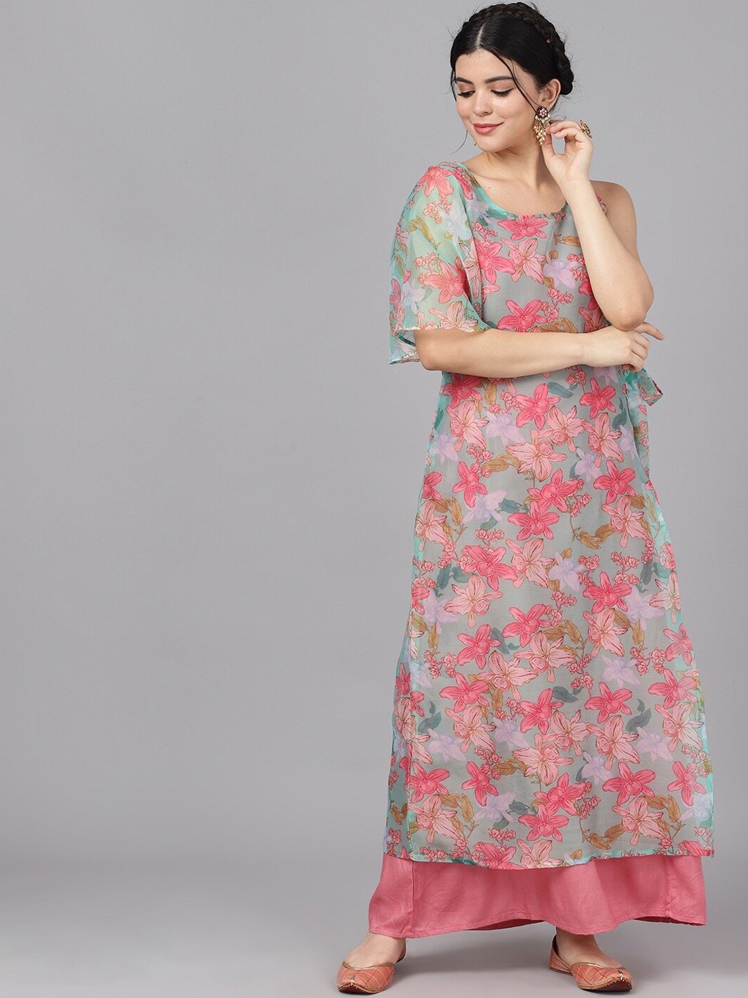 Women's  Pink Floral Print Layered Maxi Dress - AKS