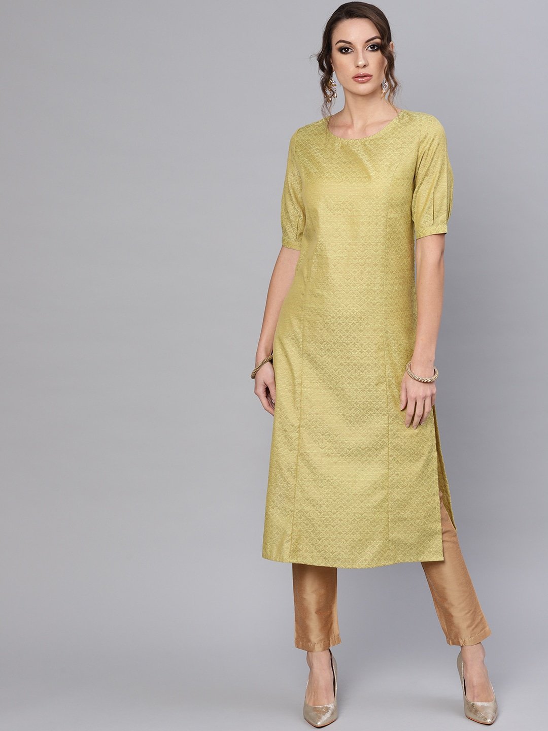 Women's  Green & Golden Woven Design Straight Kurta - AKS