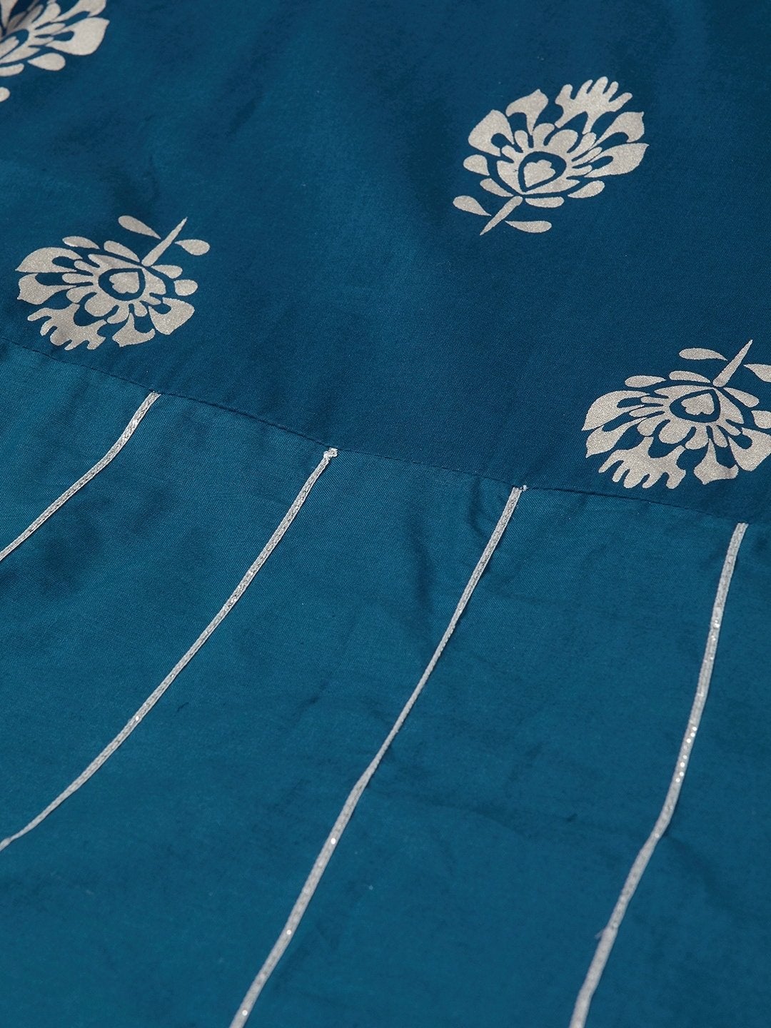 Women's Teal Blue & Silver-Toned Printed Anarkali Kurta - Meeranshi