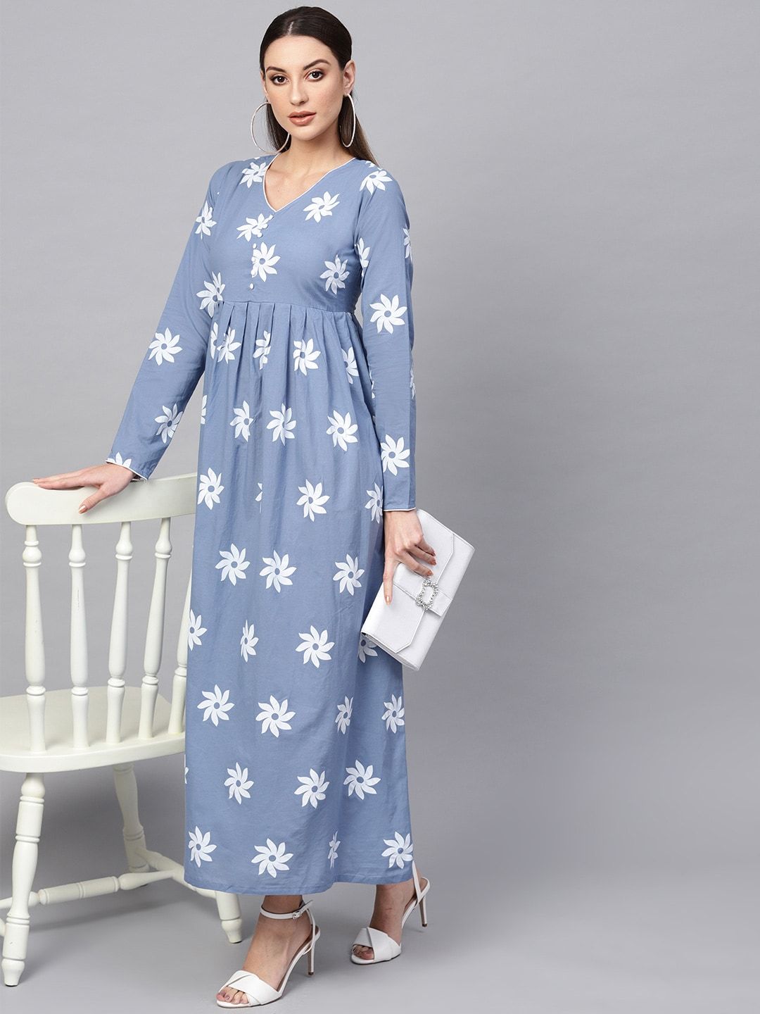 Women's  Blue & White Floral Khari Print Maxi Dress - AKS