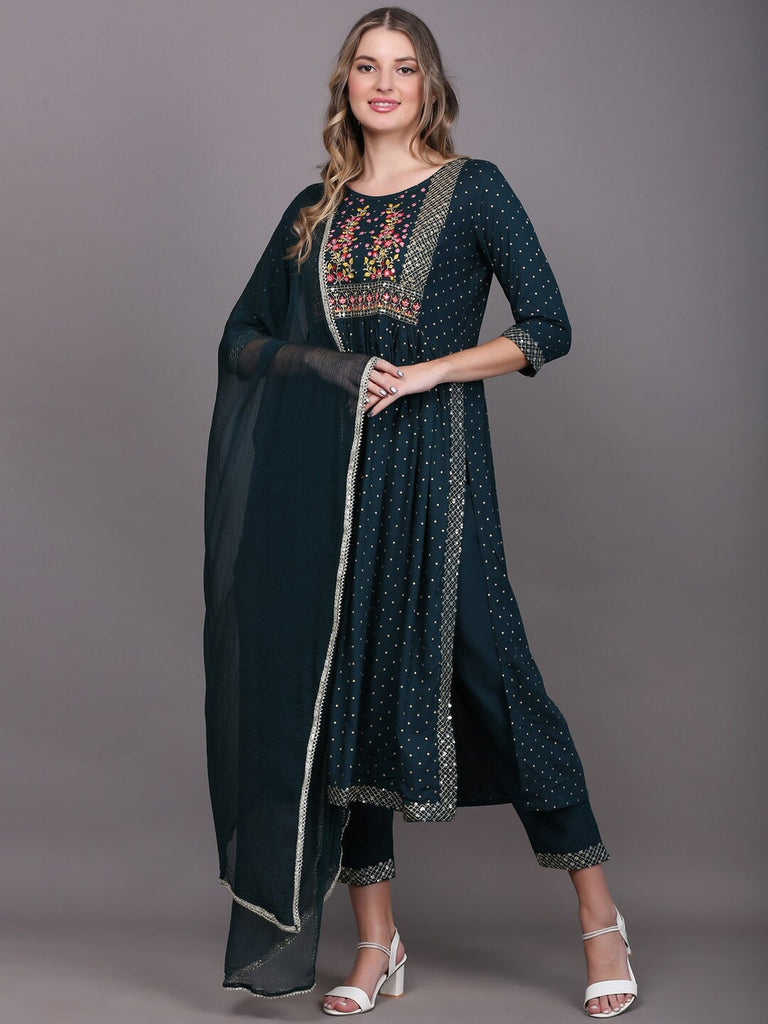 Women's Blue Ethnic Motifs Embroidered Pleated Kurta With Trousers & With Dupatta