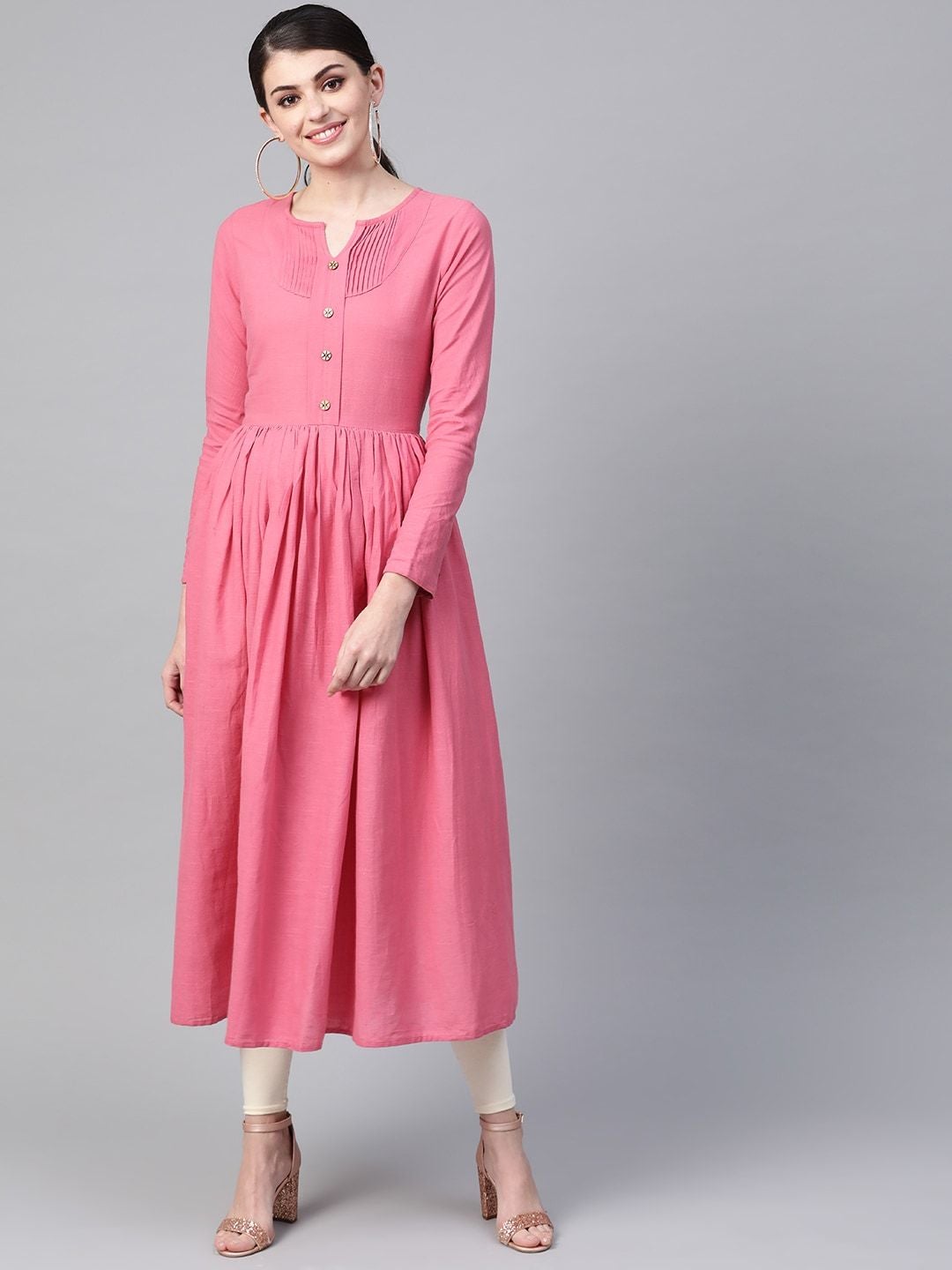 Women's Pink Solid A-Line Kurta - Meeranshi