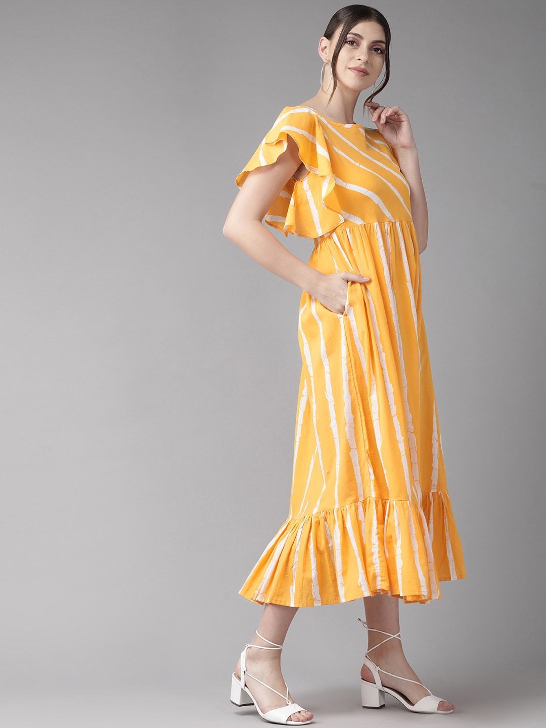 Women's  Mustard Yellow & White Striped A-Line Dress - AKS