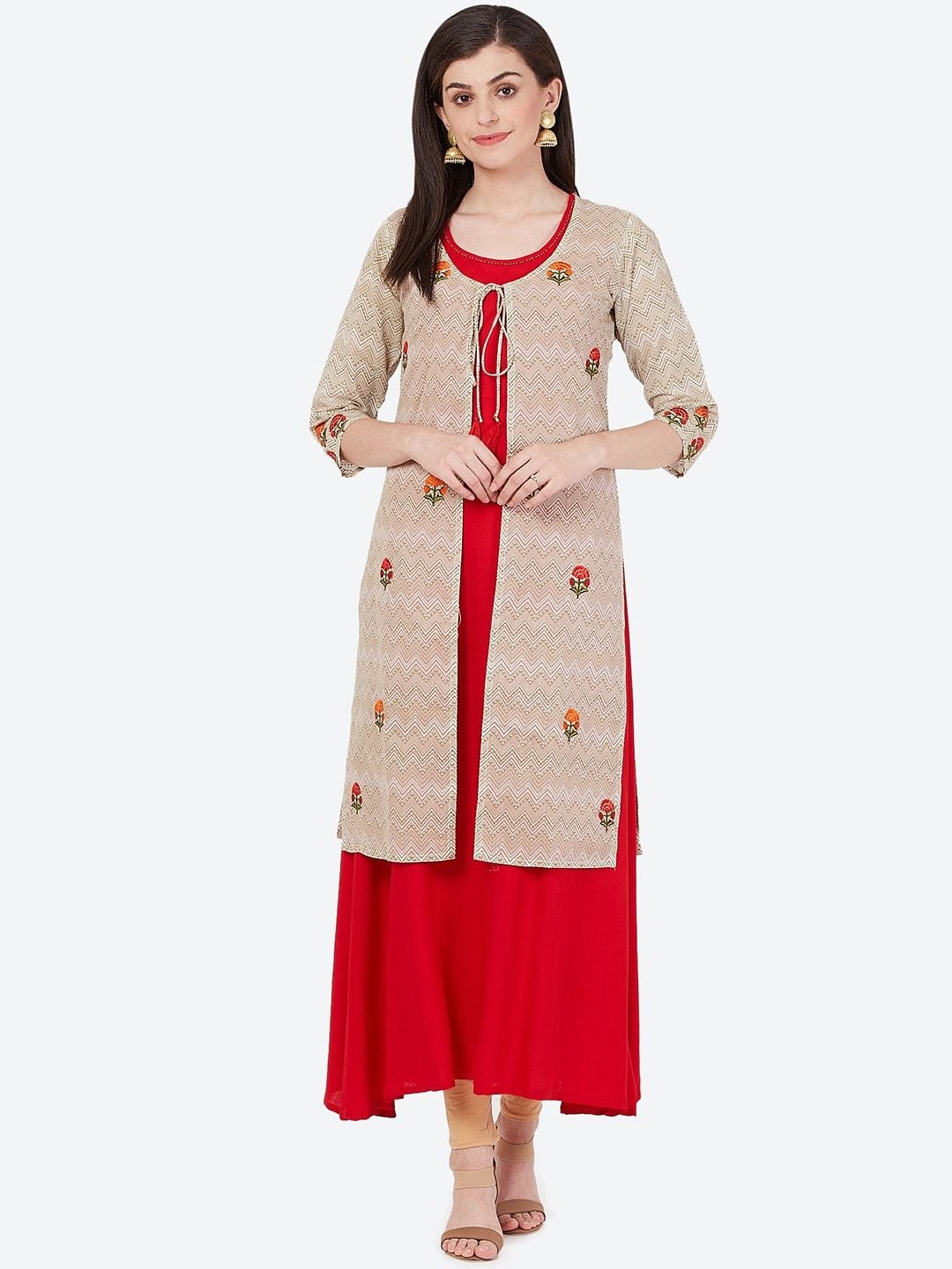 Women's Beige & Red Embroidered Layered Kurta - Meeranshi
