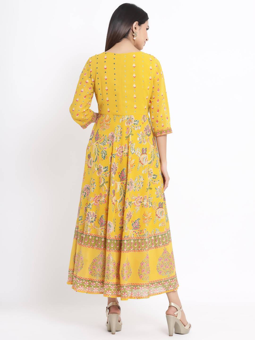 Women's Mustard Georgette Printed Flared Dress With Hair-Band - Juniper