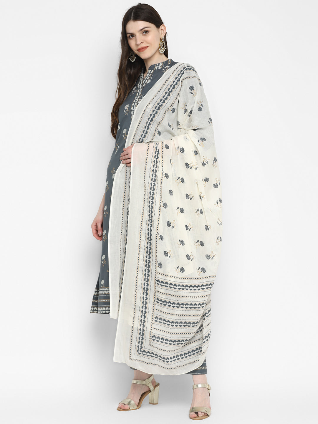 Women's Floral Print & Embroidered A-Line Cotton Grey Kurta Pant With Dupatta (3Pcs Set) - Vbuyz