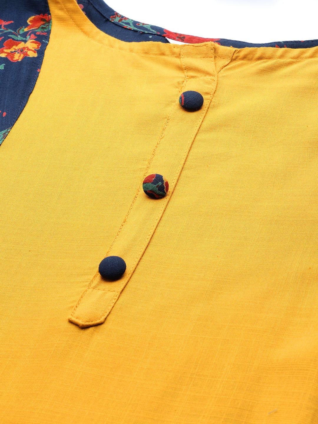 Women's Mustard Yellow & Navy Blue Printed Detail Straight Kurta - Meeranshi