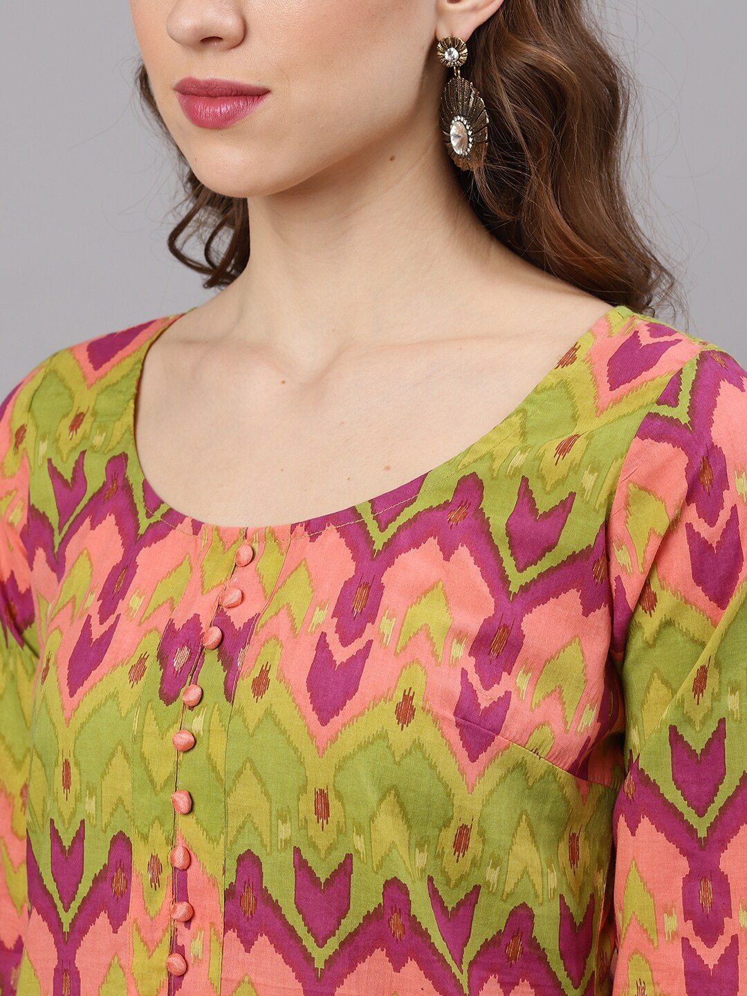 Women's  Green & Pink Ikat Printed Kurta with Palazzos & Dupatta - AKS