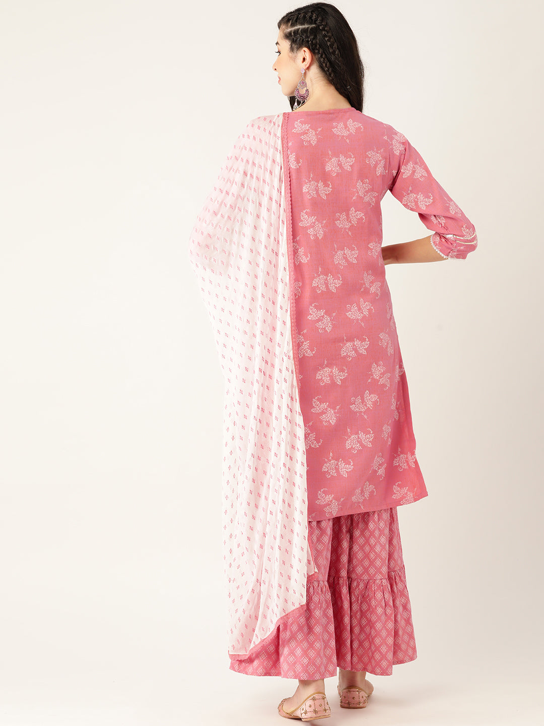 Women's Pink Color Rayon Blend Printed Straight Kurta Sharara With Dupatta - VAABA