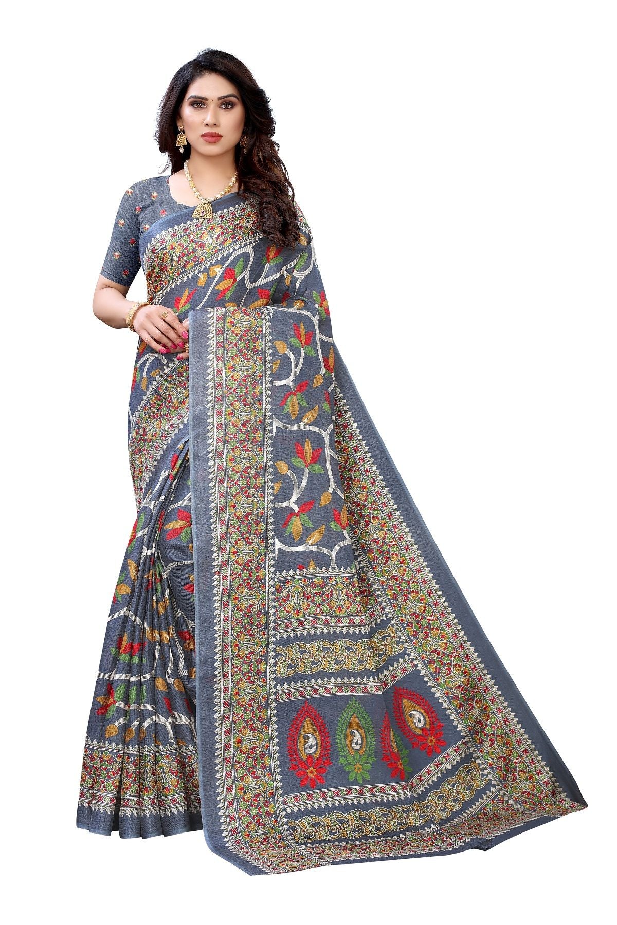 Women's Printed Jute Silk Grey Saree - Vamika