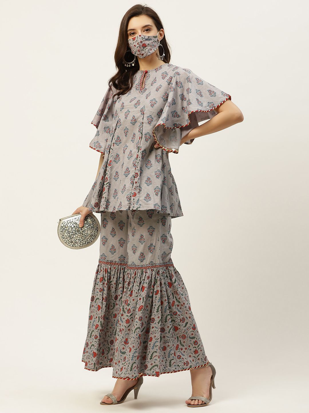 Women's Floral Print Tunic Sharara Set With Mask - Juniper